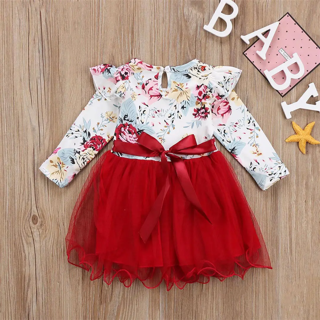 

Newborn Kids Baby Girls Long Sleeve Flower Print Lace Patchwork Dresses Clothes New