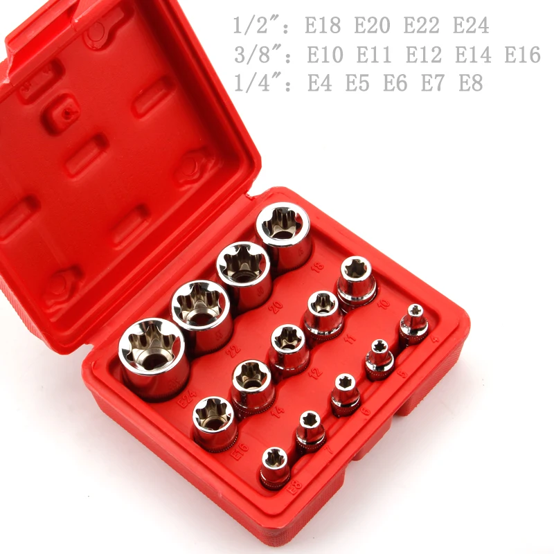 

Crv Material 14Pcs E Torx Star Female Bit Socket Series 1/2" 3/8" 1/4" Drive E4 - E24 Repair Hand Tool Set High Quanlity