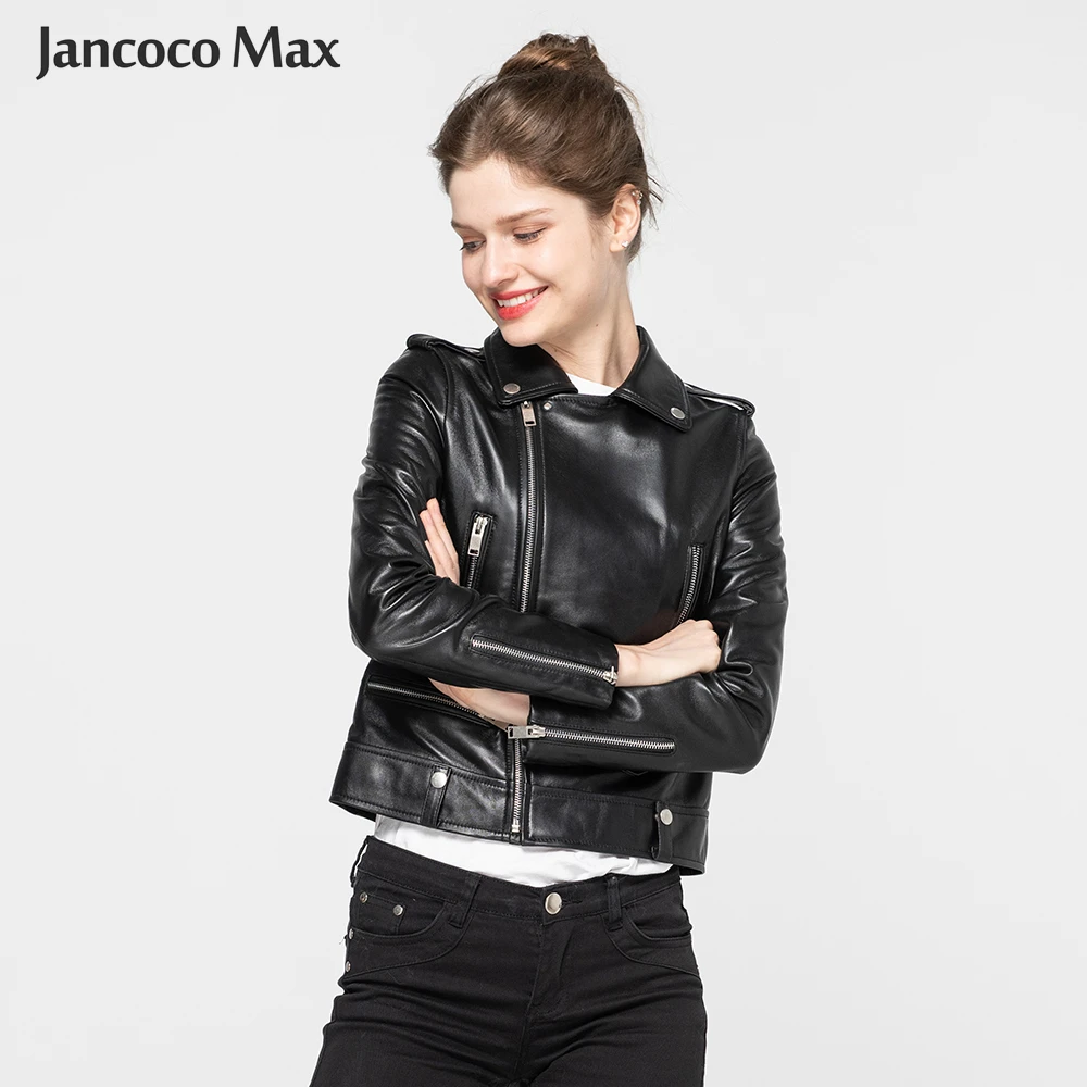 Jancoco Max Демисезонный натуральная кожаная куртка Женская одежда классические черные кожаные пальто новое поступление S8004