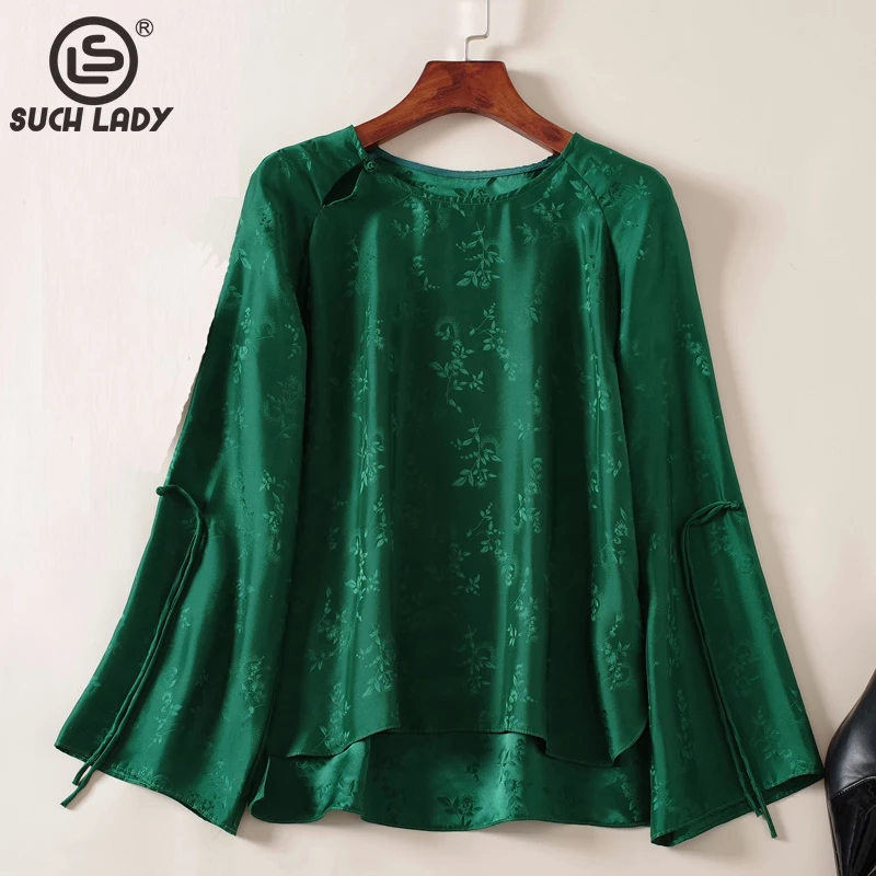 

100% Natural Silk Shirt O Neck Long Flare Sleeves Dobby Printed Loose Fashion Blouse Tops