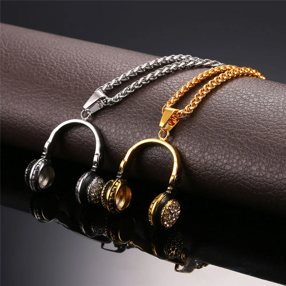 

Collare Earphone Pendant Stainless Steel Rhinestone Earpiece Accessories Crystal Gold Color Necklace Music Fans Jewelry P921