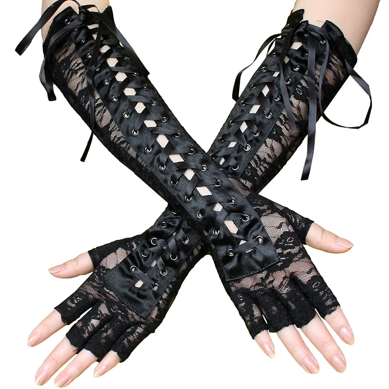 

Sexy Lace Long Gloves Winter Elbow Length Half-finger Gloves Ribbon Fingerless Fishnet Mesh Etiquette Party Goth Glove For women