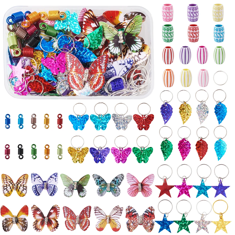 

1 Box Mixed Colors Hair Ring Pendant Braid Butterfly Dreadlocks Bead Hair Coil Cuffs Dread Tube Charm DIY Hair Decor Accessories