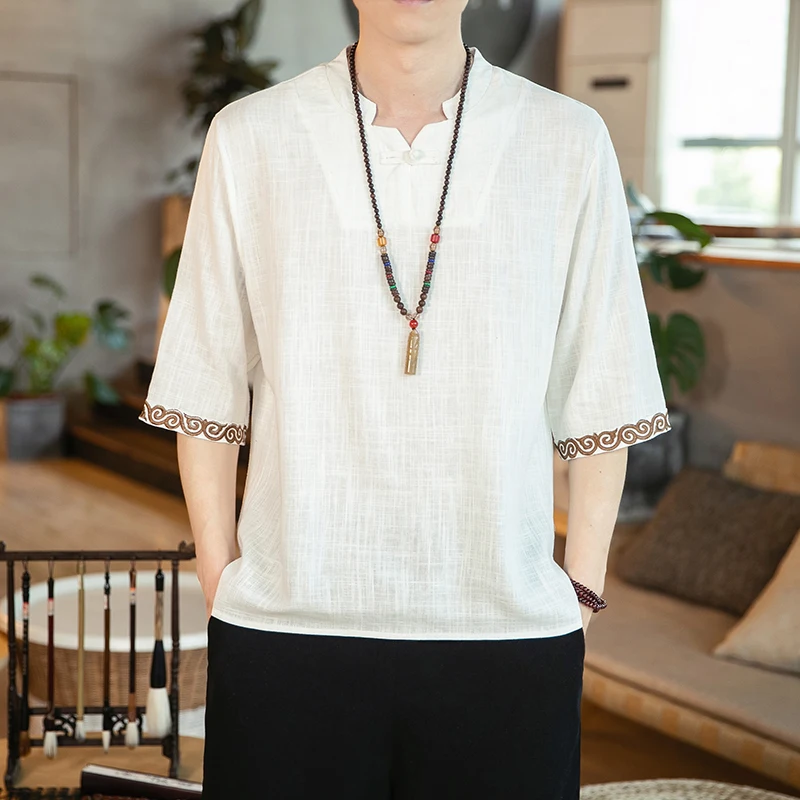 

Kimono Japanese Men Harajuku Cotton Linen Tshirt Mens Summer Solid Streetwear Fashions White Tshirts Mens Summer T-shirts