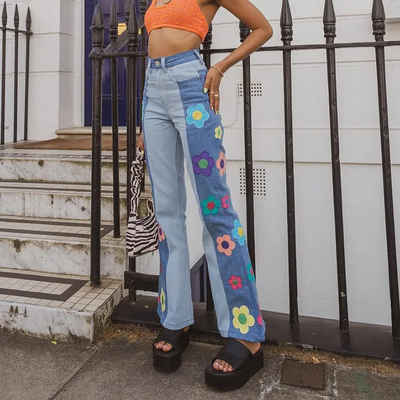 Women's Pants Fashion Autumn New Casual High-Waisted Cropped Trousers Patch Embroidered Flower Pattern Color Bootcut Jeans y2k