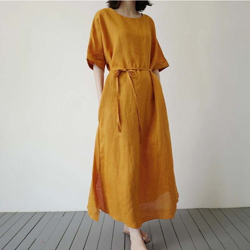 

Spring Summer Autumn Dress New Fashion Trend Casual Korean Dress Loose Linen O-neck Female Long Robe Dress Women Dress Clothes