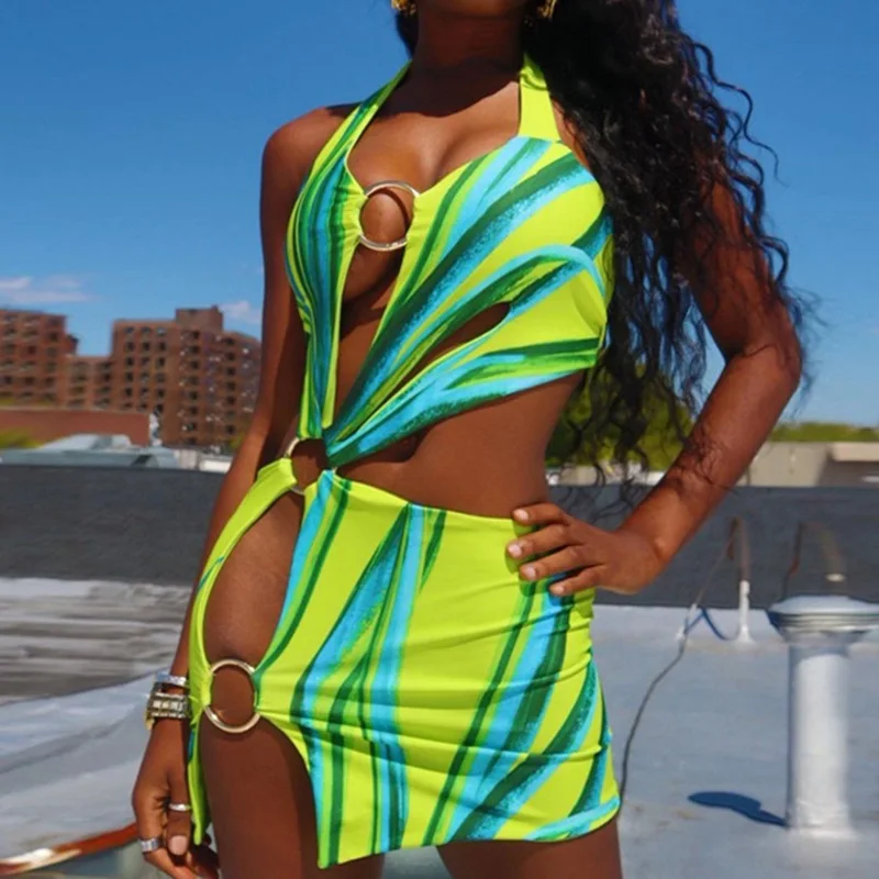 

Women Hit Color Print Dress Sleeveless Metal Ring High Waist Female Dress Summer Fashion Backless Tide Dye Mini Dresses