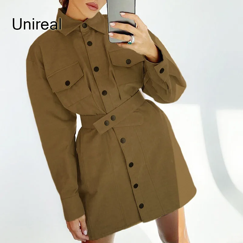 

Осеннее винтажное женское вельветовое мини-платье Unireal 2021, повседневное короткое платье-рубашка с длинным рукавом и поясом