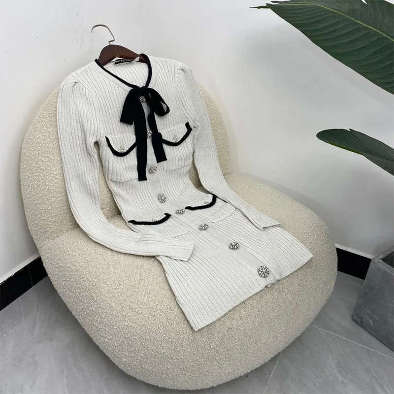 

Womens High Quality Diamonds Crystals Buttons Through Long Sleeve Bodycon Knitting Sweater Dresses