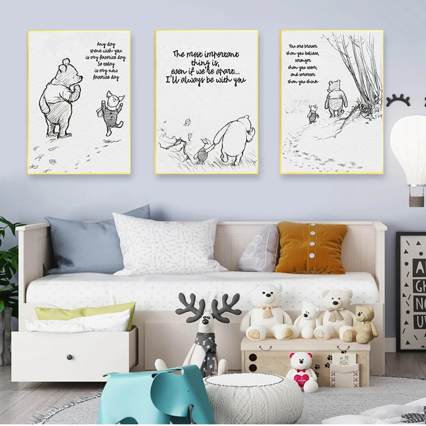 

Картина черно-белая, картина для детской комнаты, Настенный декор, Винни-Пух, цитаты, холст, плакаты и принты, классическое мультяшное кино