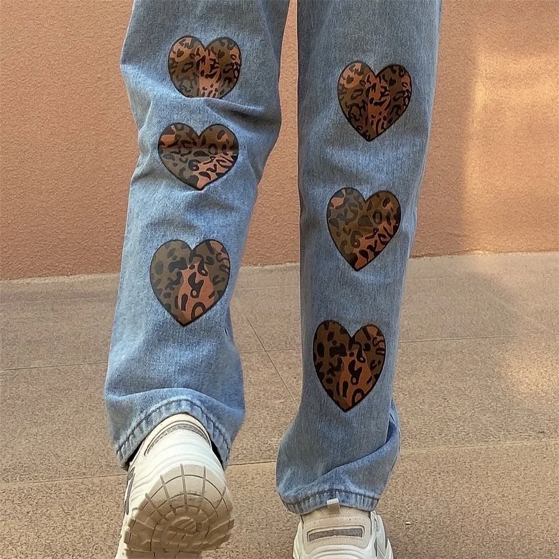 

HARAJPOO Woman Pants 2021 Spring New Ins Harajuku Retro High Waist Leopard Print Love Light Color Loose Straight Trousers Tide