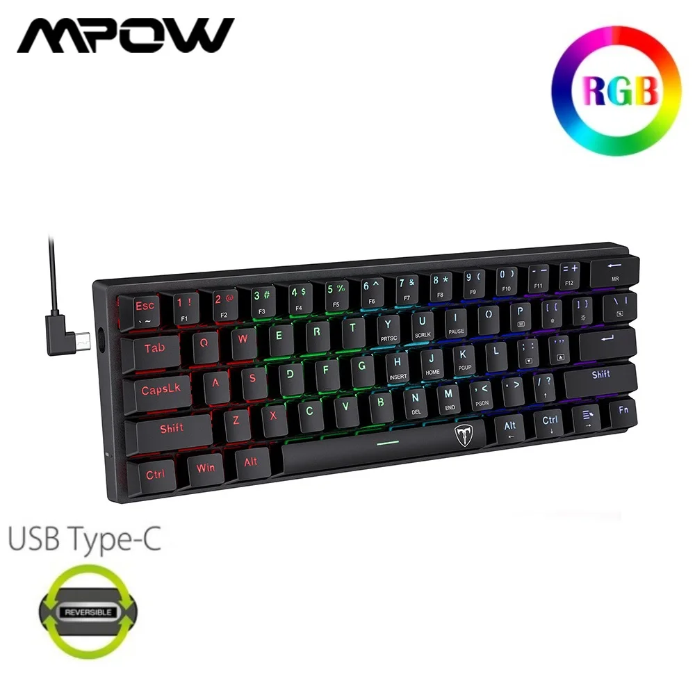 MPOW PC356 60% Проводная механическая игровая клавиатура RGB Rainbow с настраиваемой подсветкой и эргономичными клавишами для игр CS FPS.