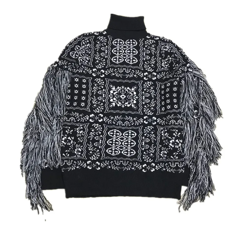 

Retro Pattern Fringe Sweater Woman Turtle-Neck Palace Style Jacquard Lazy Sweater Top Ladies High Street Sweaters Jumper Coat