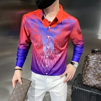 2021 gradient printed mens shirt autumn long sleeve slim streetwear shirts social nightclub party male clothing chemise homme