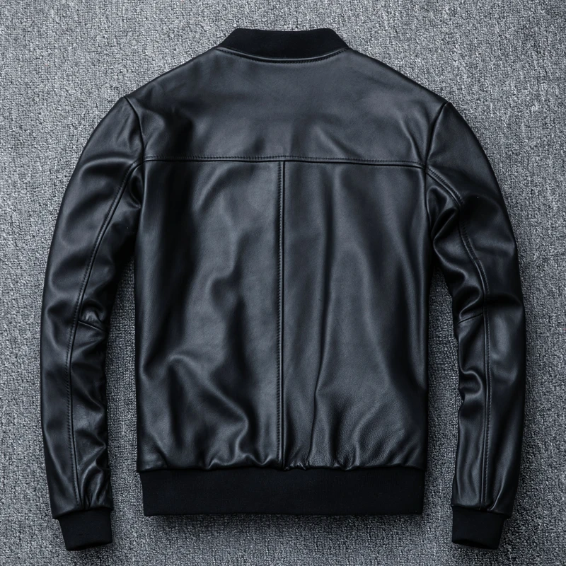 Мужская куртка-бомбер из овечьей кожи мотоциклетная облегающая Черная