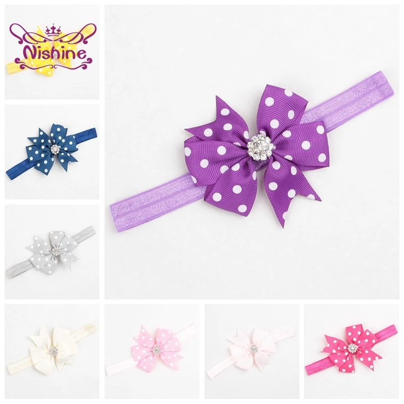 

Nishine Dots Ribbon Bowknot Headband with Rhinestone Fashion Handmade Dovetail Bows Girls Hair Bands Infant Headwear 20 Colors