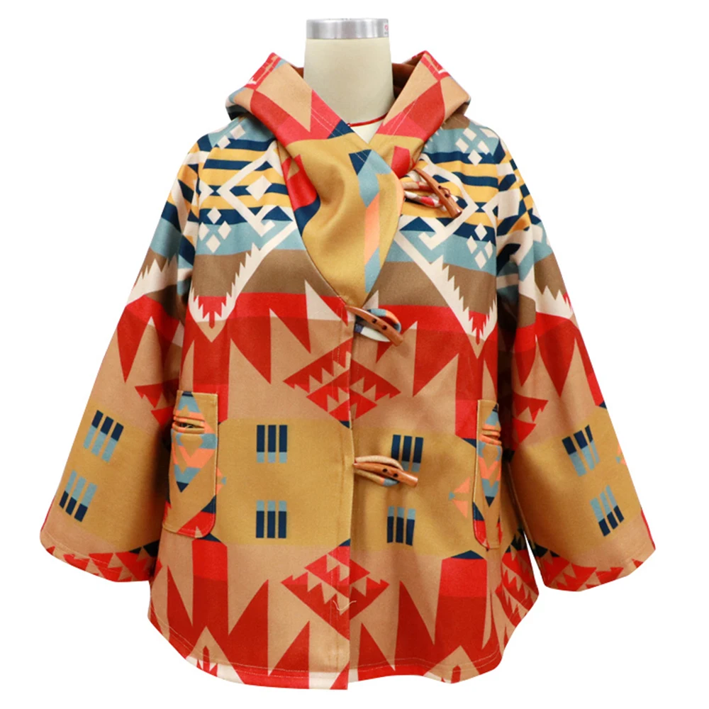 

Women Winter Warmer Long Sleeve Floral Printed Overcoat Baggy Jacket Casual Loose Short Hooded Tops Outwear Horn Button