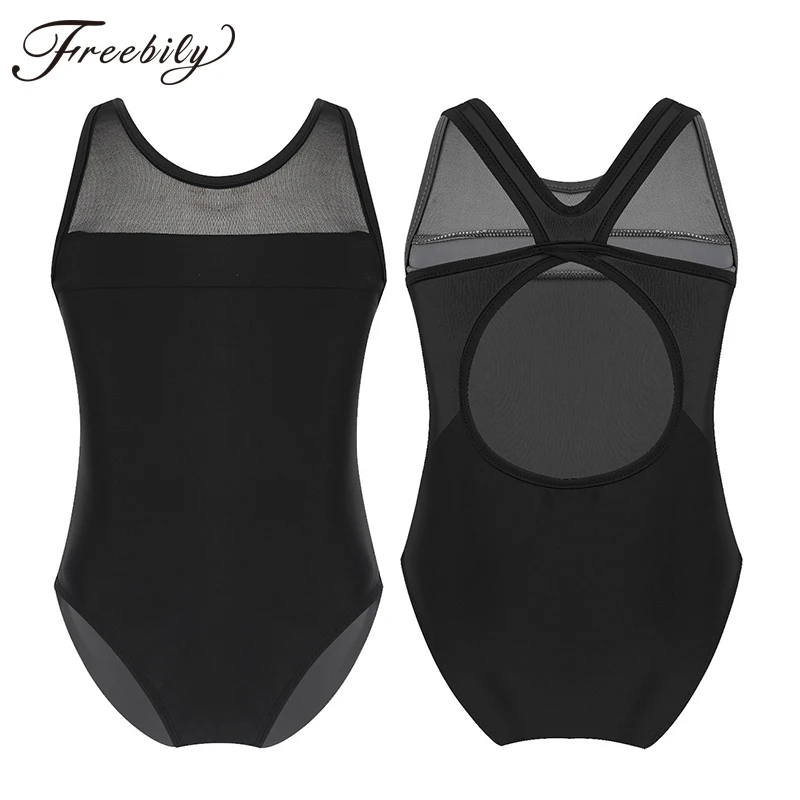 

Teen Girls Sleeveless Mesh Splice Ballet Leotards Dance Costume Cutouts Back Kids Gymnastics Leotard Jumpsuit Child Dance Wear