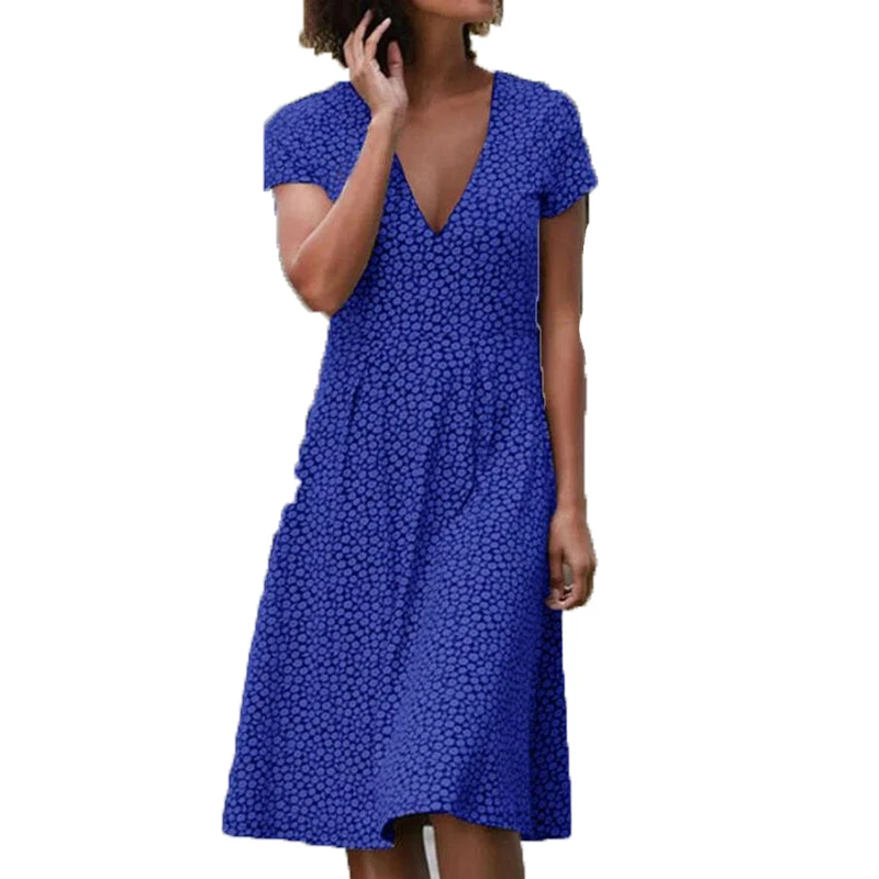 

Women Short Sleeve Elegant Party Dress Casual Female V-Neck Knee-Length Beach Dress Summer Spring Vintage Printed Aline Dresses