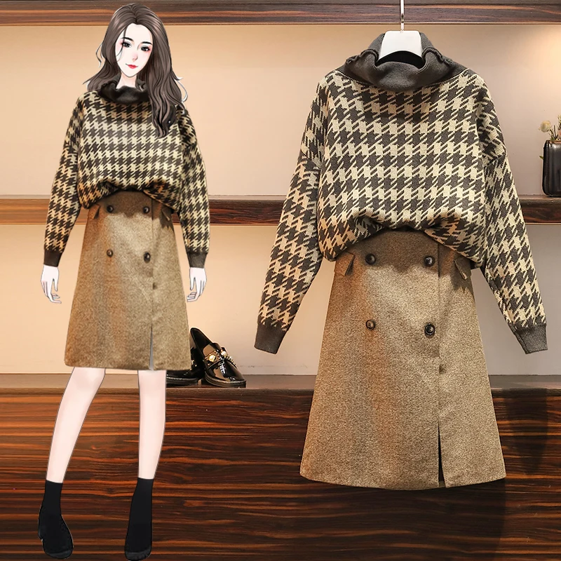 

Big Yards Winter Sweet Turtleneck Knit Sweater Tweed Skirt Leisure Suits Two Pcs Clothing Set Knitwear Women Outfit Pullover Top