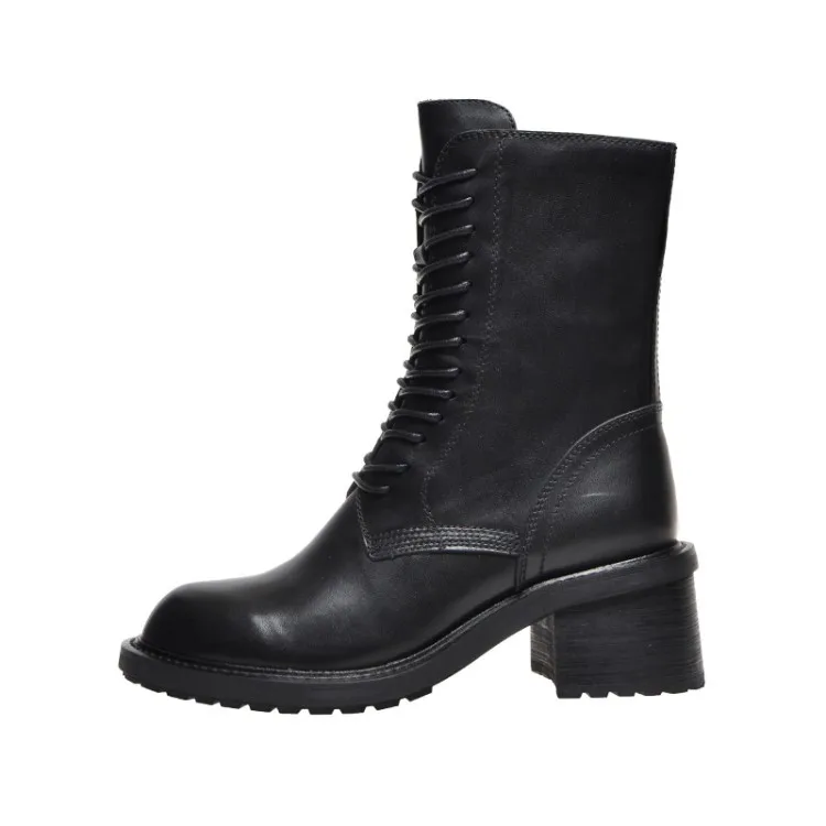 

Women's boots fall 2020 new high Leather Mid Heel thick heel round head side zipper short sleeve Knight boots