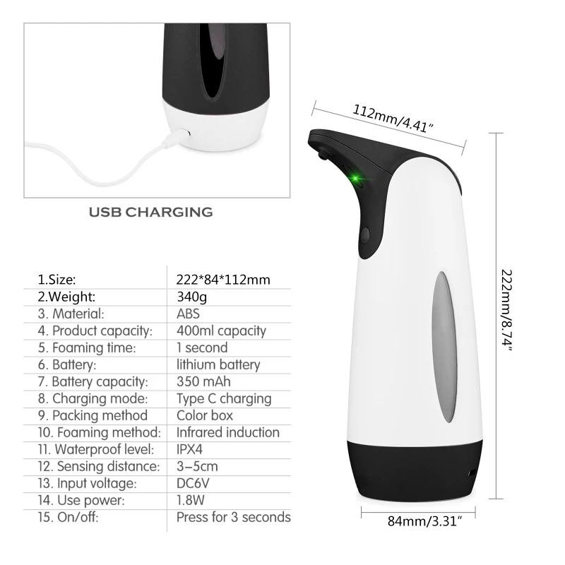 

400ml Automatic Soap Dispenser Touchless Infrared Sensor Soap Dispenser with USB Charging for Bathroom Kitchen