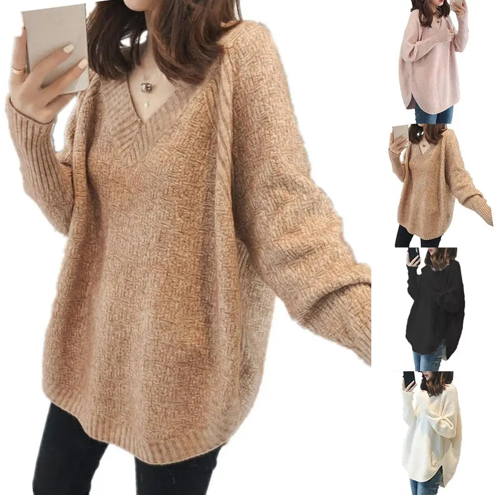 

Women Plain V Neck Long Sleeve Jumper Sweater Holiday Soft Casual Pullover Top