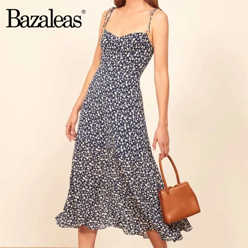 Bazaleas Франция шифоновое темно синее женское платье с цветочным принтом винтажное