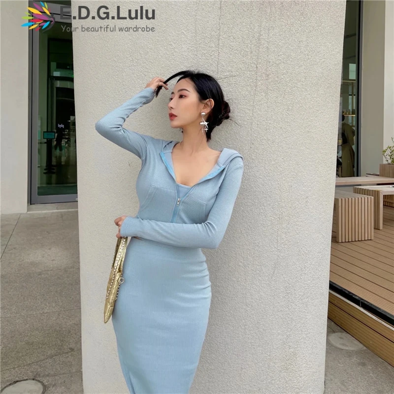 

EDGLuLu Casual sexy Light Blue Pink Long Sleeve Cardigan+spaghetti Strap Top+high Waist Midi Skirt 3pcs Set Women Suit 0329
