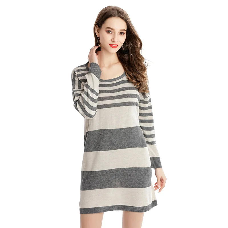 Женские свитера и пуловеры в полоску с круглым вырезом длинное повседневное
