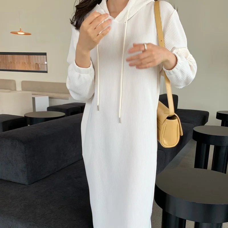 

Korean Style Loose Hooded Dress for Women 2021 Autumn Winter Solid Color Casual Pullovers Oversized Midi Dresses Vintage