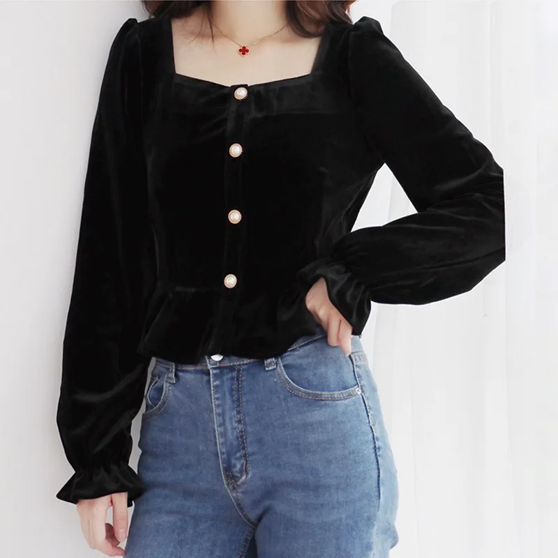 

Yedinas Vintage Long Sleeve Blouse Women 2020 Velvet Square Collar Womens Tops And Blouses sFrench Style Top Feminino Autumn