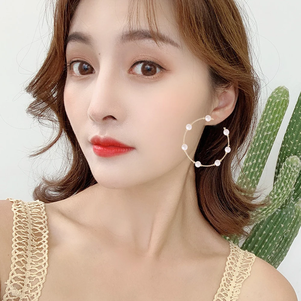 

FSUNION 2021 New Arrival Boho White Imitation Pearl Round Circle Hoop Earrings Gold Color Big Earings Korean For Women Jewelry