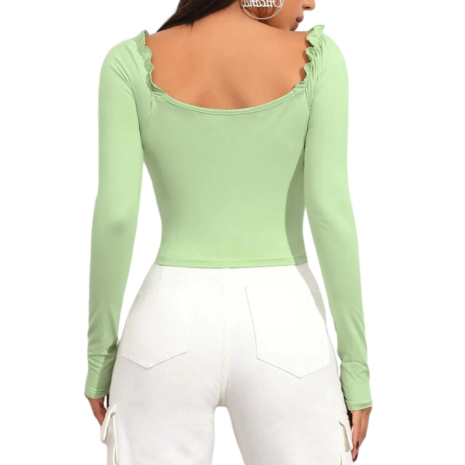 

Women's Long Sleeve Tops Sexy Solid Color Frill Trim Ruched Front Slim Fit T-Shirts