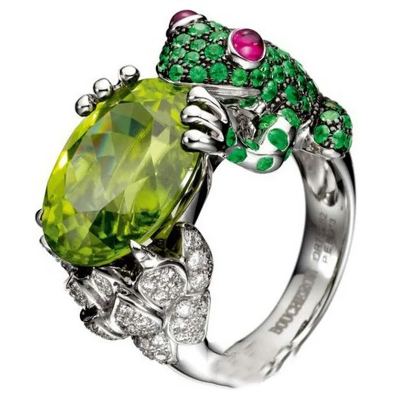 Кольцо женское с зеленым кристаллом в форме лягушки | Украшения и аксессуары