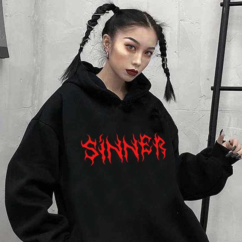 Худи Sinner в готическом стиле женское с надписью винтажная Свободная Толстовка