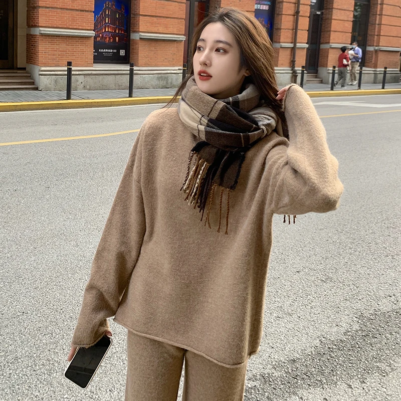 

Autumn And Winter Loose Lazy Style Long-sleeved Sweater + Wool Wide-leg Pants Suit Women Knitting 2 Pieces Set
