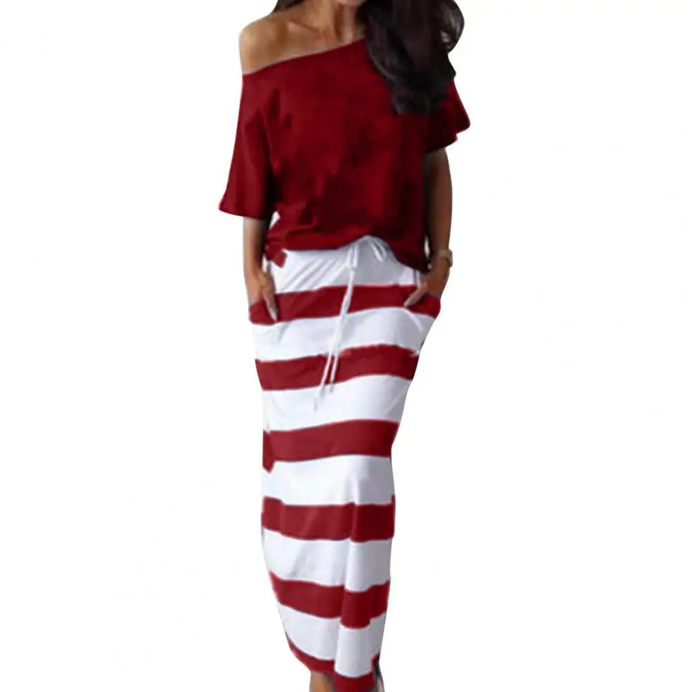 

Slant Shoulder Half Sleeve Solid Color Shirt Top Striped Drawstring Skirt Two Piece Set for Date Summer Women's Clothing