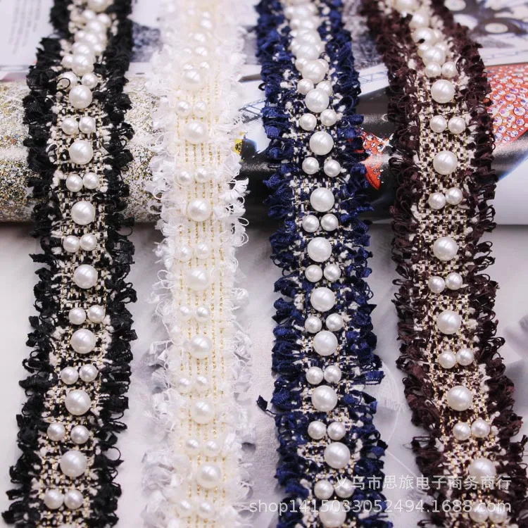 

10 yards Pearl Beaded Lace Ribbon Embroidered Trim Fabric DIY Craft Clothing Headwear Sewing Supply