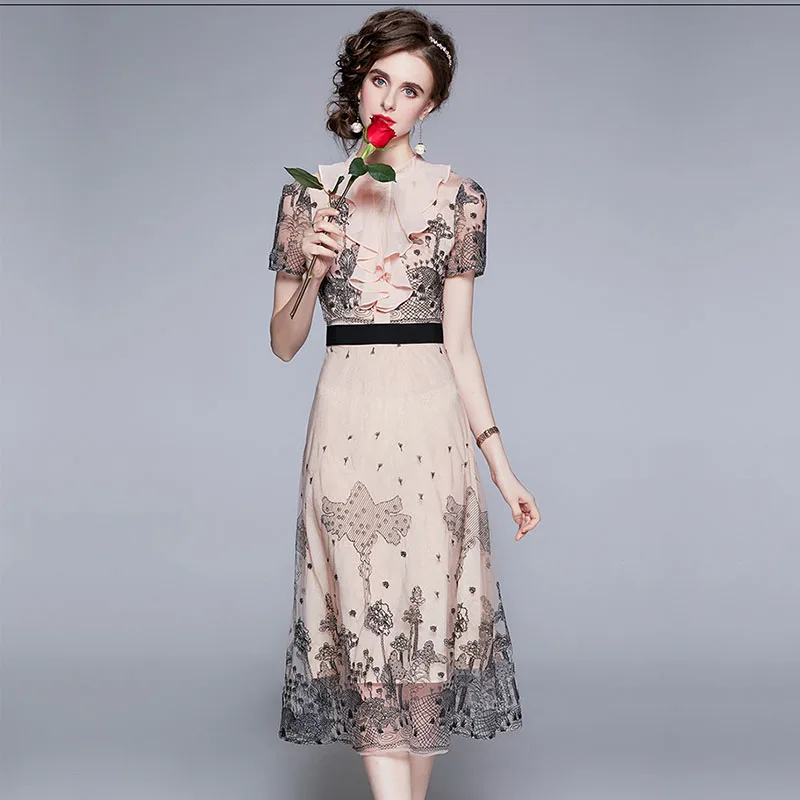 

Женское Сетчатое платье с вышивкой, дизайнерское пляжное платье для отпуска с коротким рукавом и оборками, роскошное платье для подиума, ле...