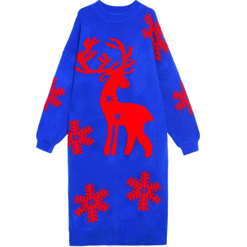

QING MO 2021 Autumn And Winter Women Clothing Christmas Mid-length Sweater Blue Elk Print Padded Sweater TT015Q