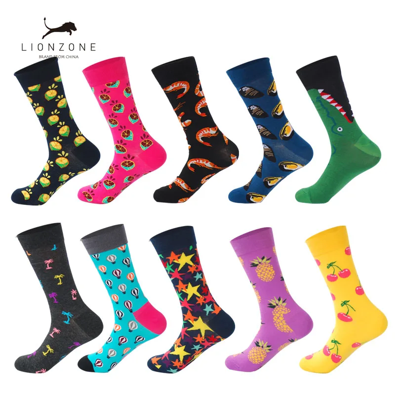LIONZONE 10Pairs/Lot Funny Socks Men Calcetines Divertidos Gifts for Colorful Designer Brand Happy Meias Masculino | Мужская одежда