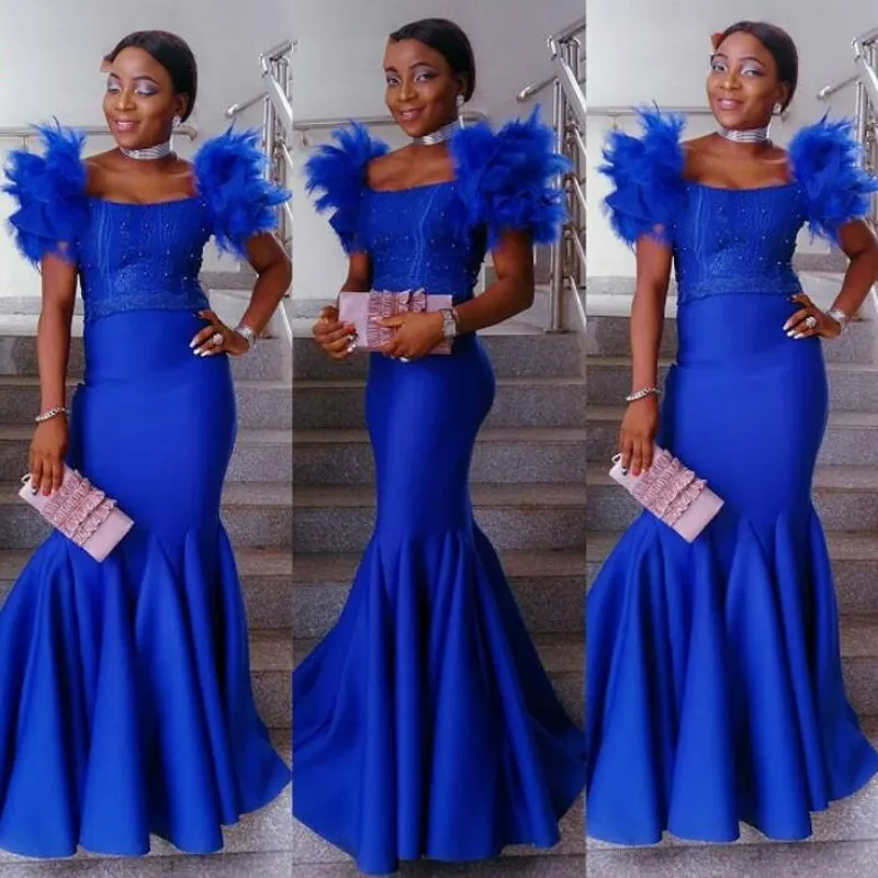 Aso Ebi вечерние платья abiye на заказ Русалка Королевский синий бисер африканские