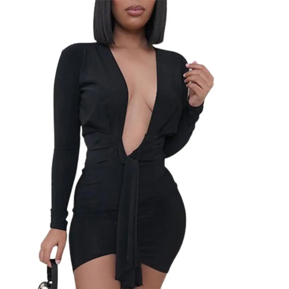 

Women Dress Fashion Elegant Sexy Low-cut Deep V-neck Solid Color Skin-friendly Female Long Sleeve Tight Mini Dresses Robe Femme