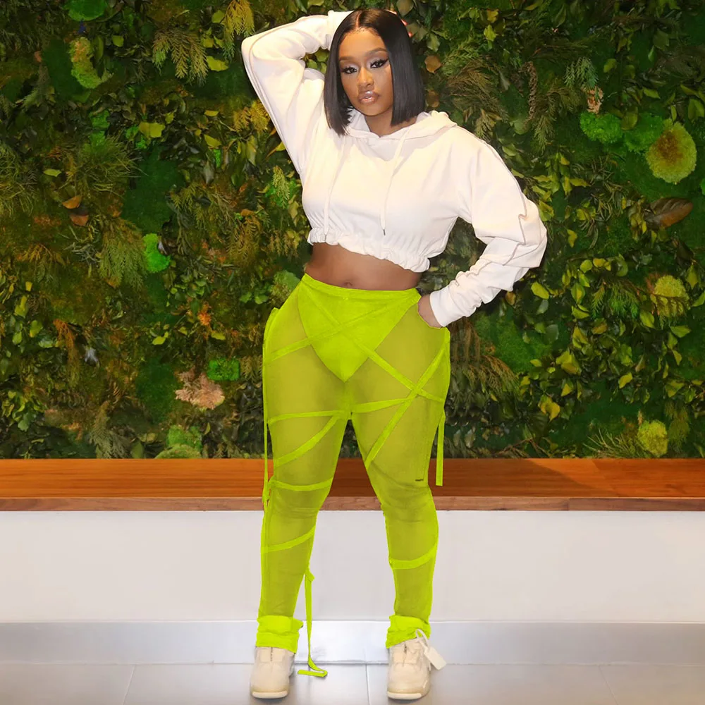 

Ribbons Mesh See-through Bandage Sweatpants Women Streetwear Joggers Summer Clothing for Women Pants Club Party Ladies Trousers