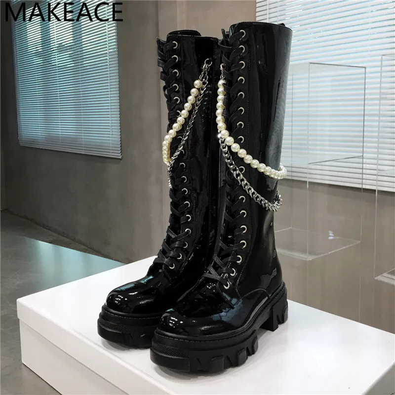 

Winter New Women Ankle Boots Thick Sole High Heel Chelsea Boots Ladies Cross straps Long Booties Beaded Round Toe Boots 2021