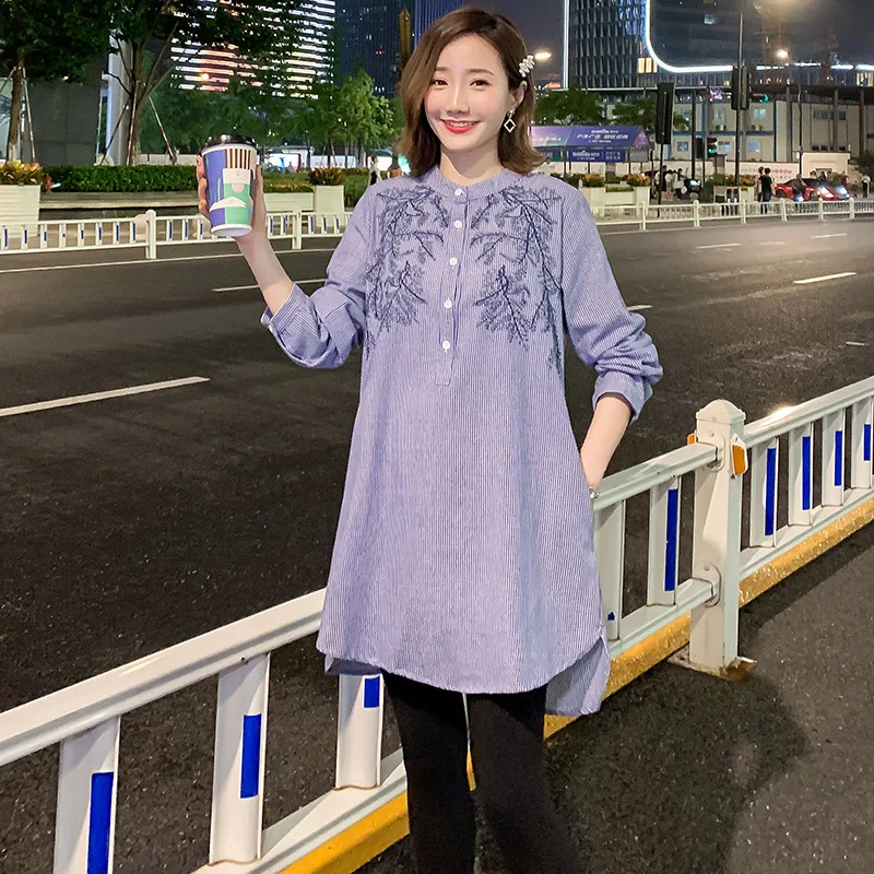 

Blue 2020 pregnant women spring shirt dress Korean fashion loose stripe embroidered long-sleeved maternity dress