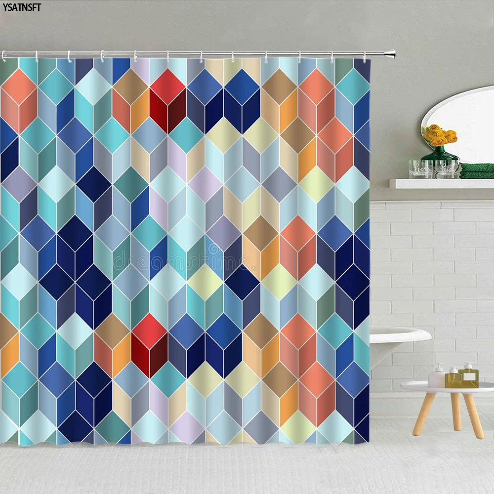 

Modern Geometric Colorful Cube Shower Curtain Rainbow Print Pattern Fabric Home Bathroom Decor Hanging Curtains Set 3D Printing