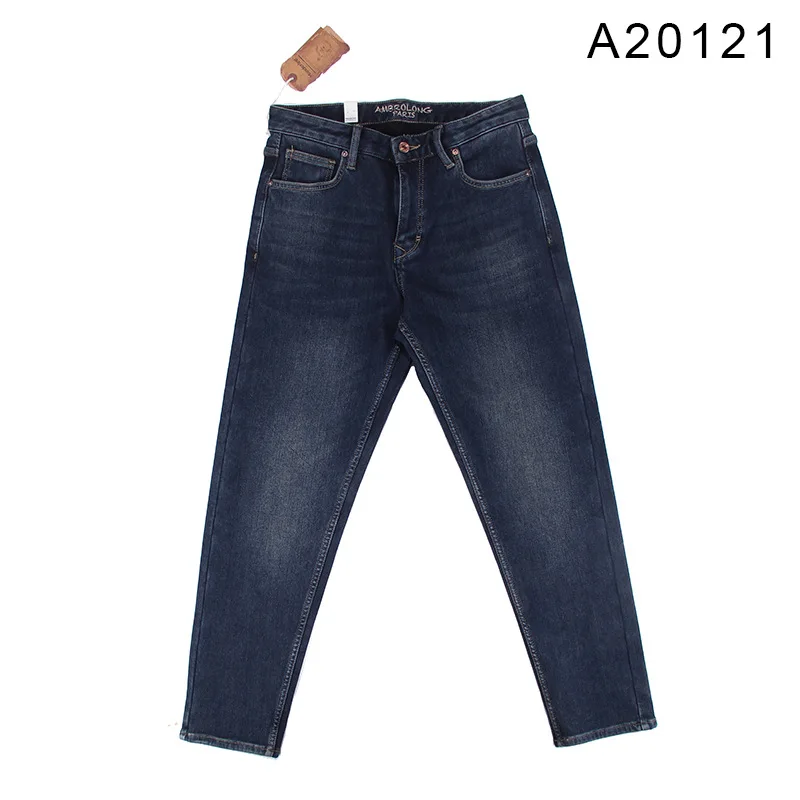 A20121 Men Straight Jeans Fleece Thicken Stretch Zipper Fly Washing Bleached Mid-Rise Gentlemen Business Casual Denim Trousers