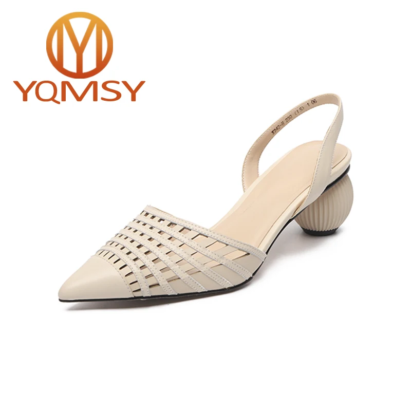 

YQMSY Fashion Women's Sandals Handmade Pointed Toe Side Air Round Heels Shallow Shoes Summer Casual Shopping Frail Shoes AS28
